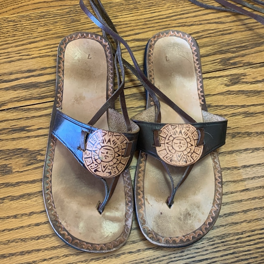 Brown Leather Sandals with Aztec Design